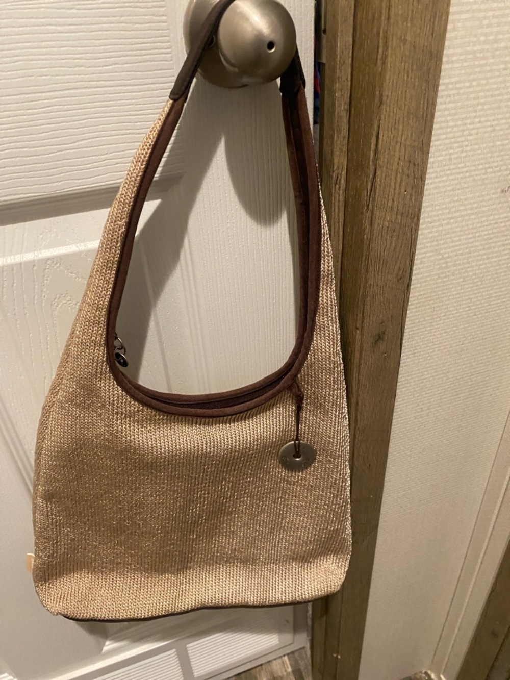 The Sak Beige Woven Shoulder Bag with Brown Trim